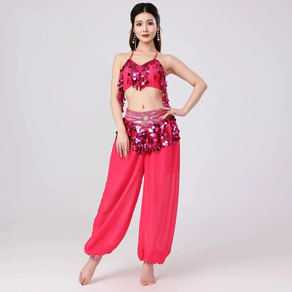 Belly Dance Harem Set | Sequin Halter Top & Chiffon Pants
