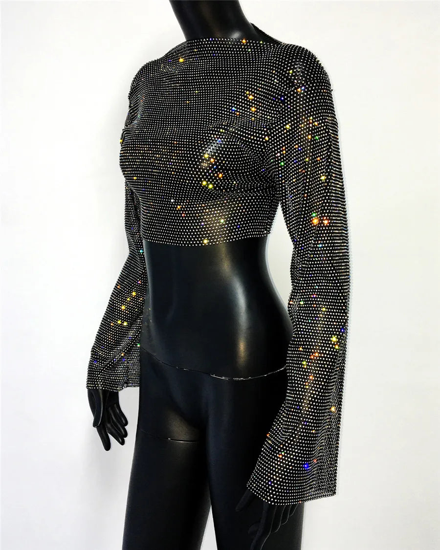 Rhinestone Fishnet Long Sleeve Crop Top - Sheer Mesh Party Top