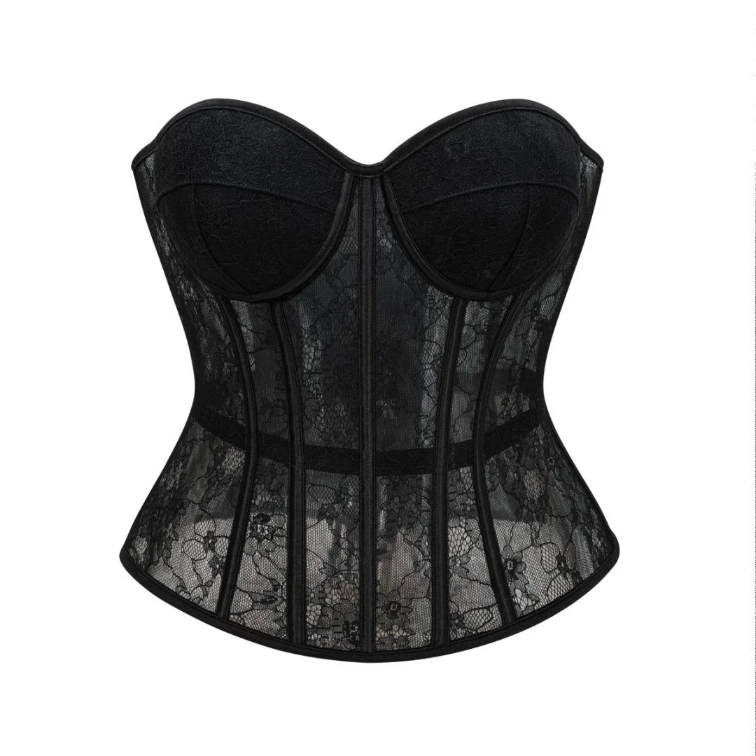 Floral Lace Corset | Boned Overbust | Black & Beige