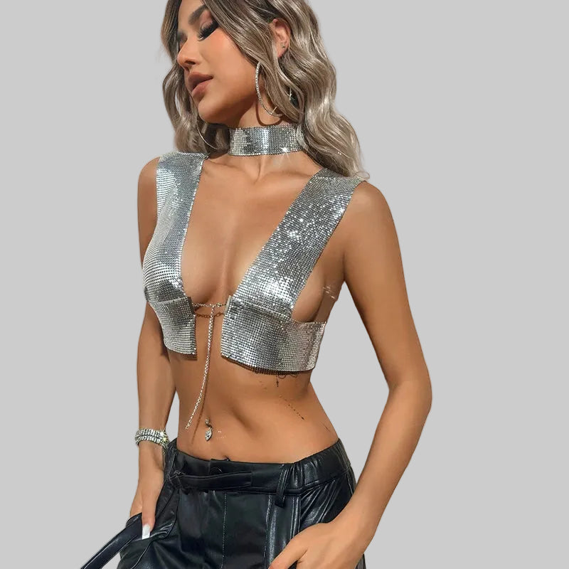 Sequin Choker Crop Top - Backless V-Neck Performance Cami