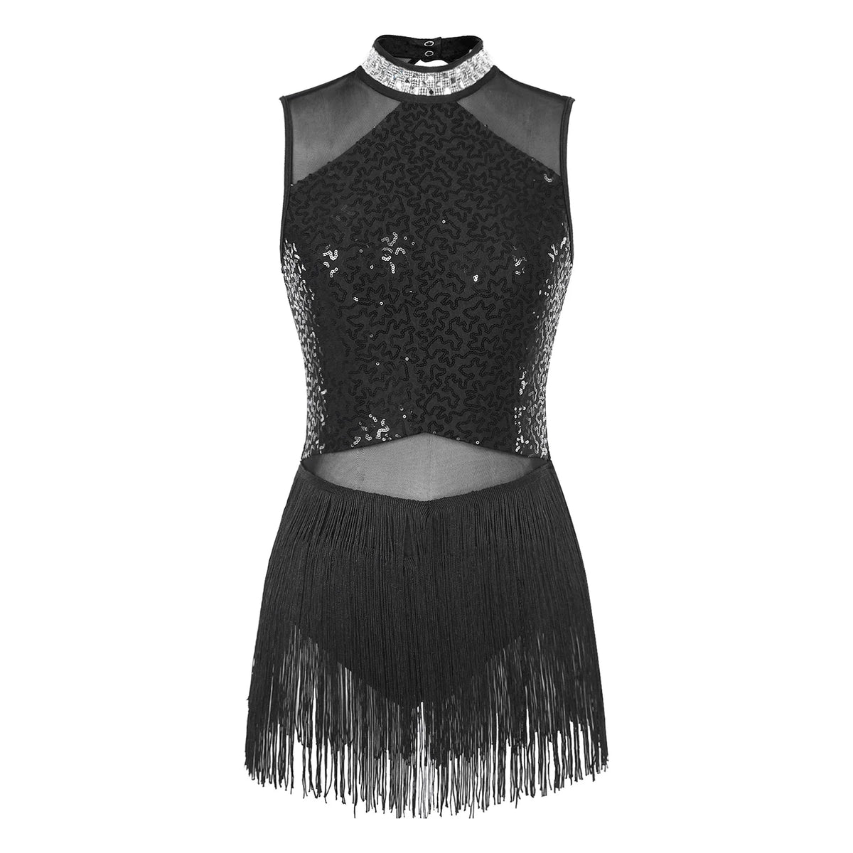 Midnight Fringe Rhinestone Latin Leotard