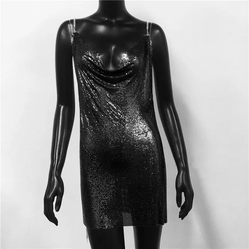 Metal Sequin Chain Mini Dress - Backless Party & Performance Dress
