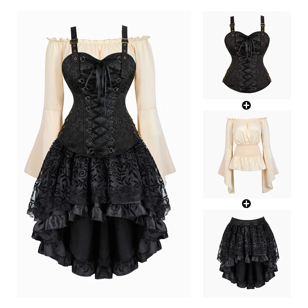 Steampunk Corset Dress | 3-Piece Set | 9 Colors | S-XXXL