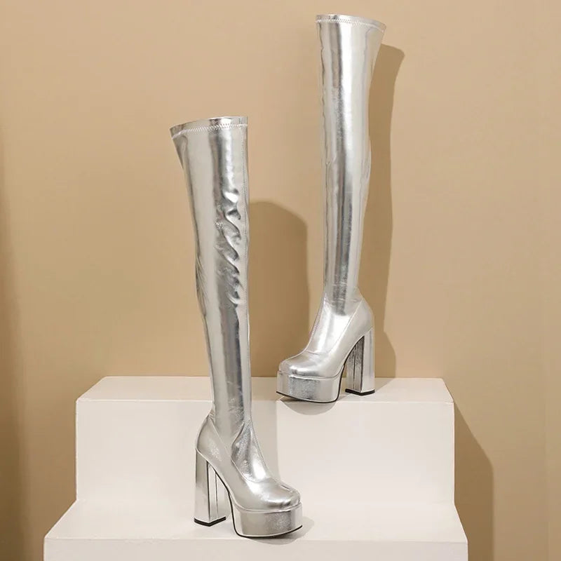 Thigh-High Platform Boots | Metallic Stretch