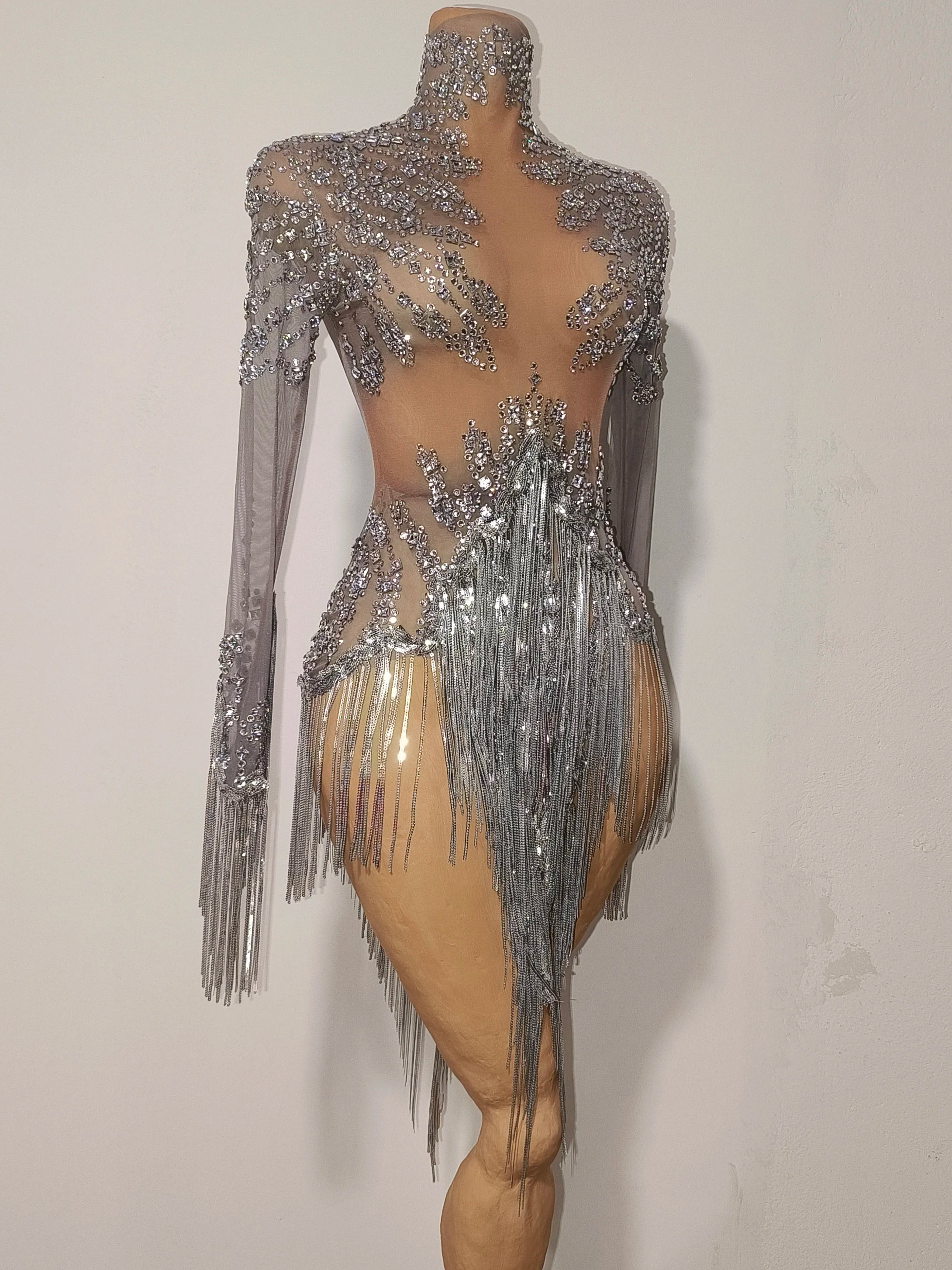 Rhinestone Tassel See-Through Stage Dress | S–XL