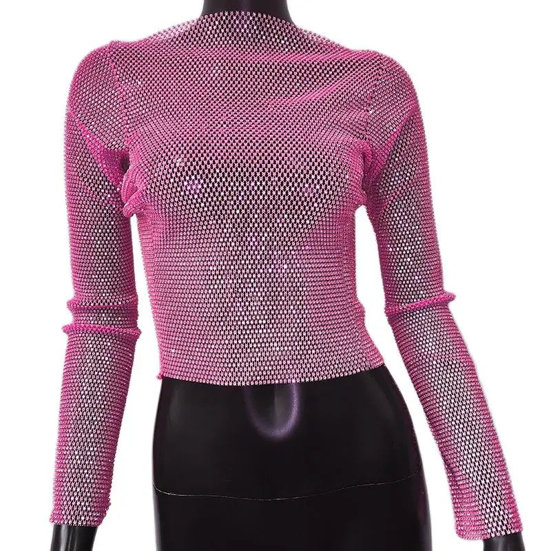 Rhinestone Fishnet Mesh Long Sleeve Top - Sheer Starlight Party Tee