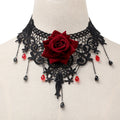 Gothic Rose Lace Choker | Red Crystal Drops | Black