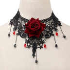 Gothic Rose Lace Choker | Red Crystal Drops | Black