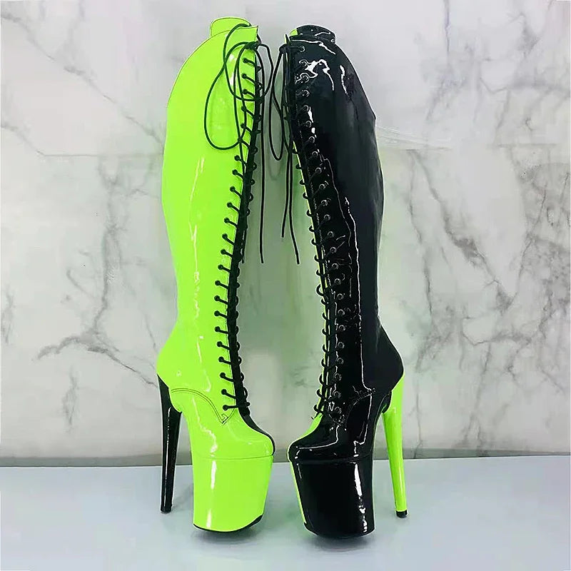 8-Inch Two-Tone Patent Platform Boots - Thigh-High Dance Boots