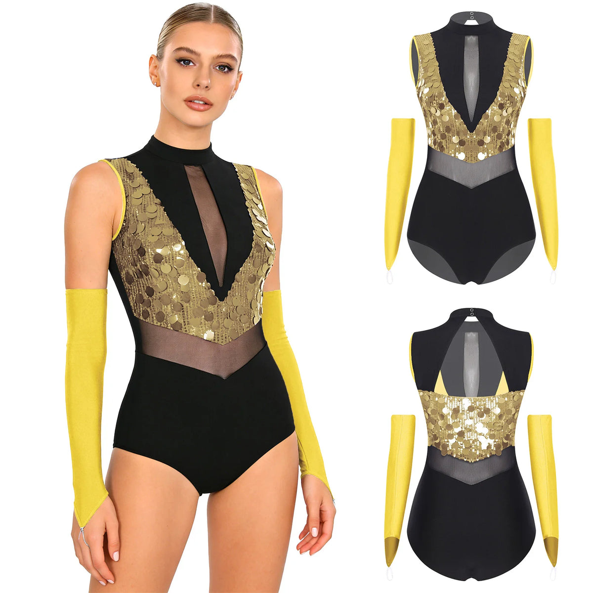 Women's Sequin Dance Leotard | Mock Neck & Sheer Mesh Waist | Includes Arm Sleeves