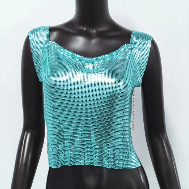 Sequin Backless Crop Top - Diamond Metal Party Tank