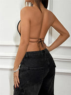 Rhinestone Halter Crop Top - Deep V-Neck Backless Camisole