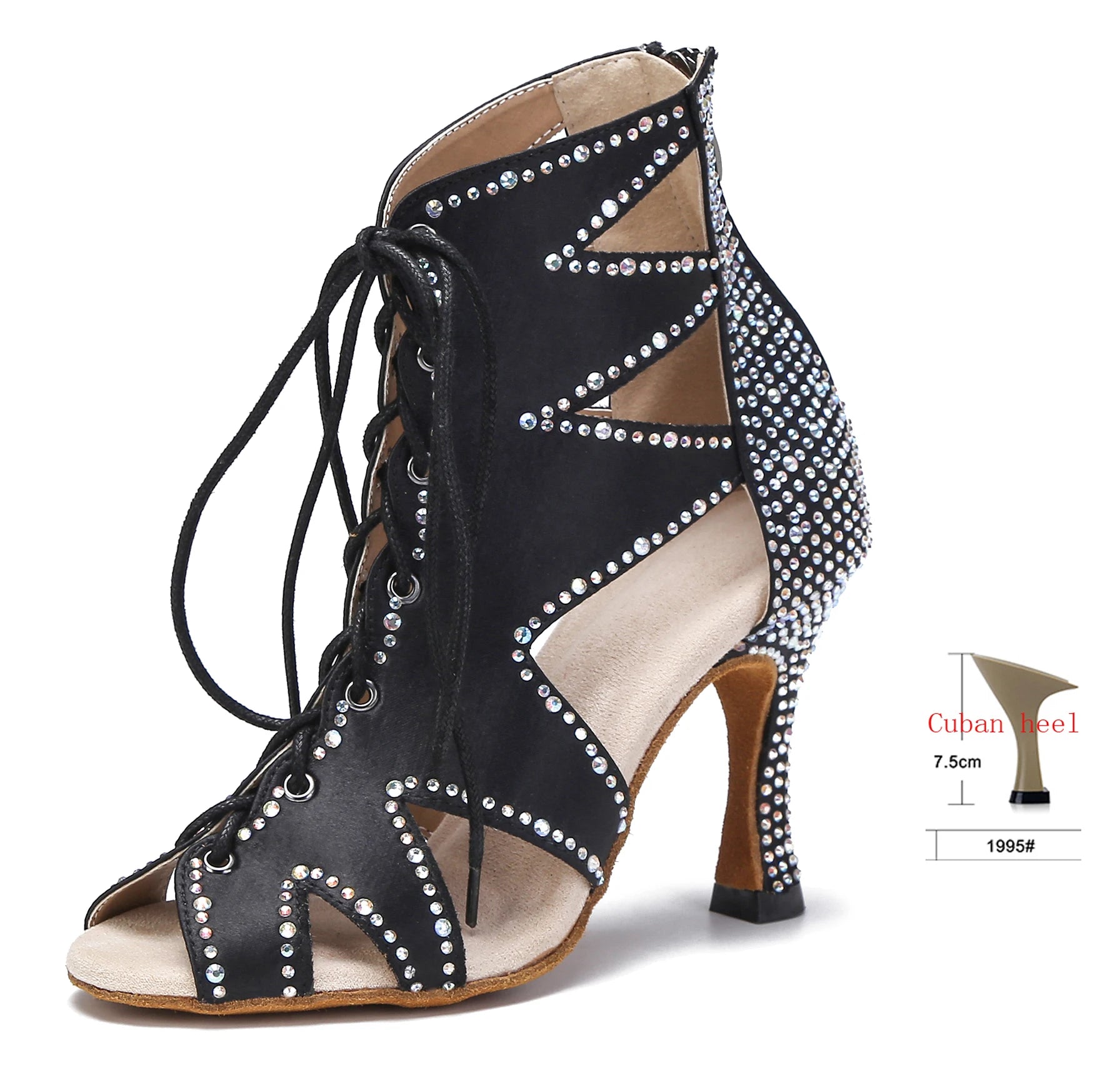 Rhinestone Lace-Up Latin Dance Booties | Black, Red, White & Nude | 6–9cm Heel