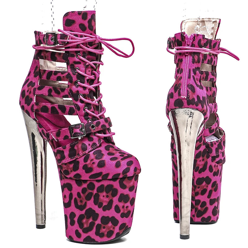 Leopard Print Platform Ankle Boots - 20cm Ultra High Heels for Pole Dance