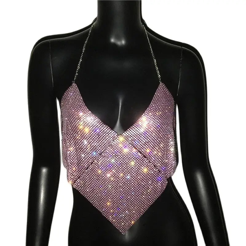 Rhinestone Halter Crop Top - Backless Metal Camisole for Festival & Stage
