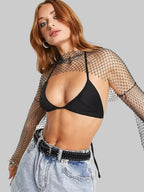 Diamond Fishnet Mesh Top - Sheer Long Sleeve Cover Up