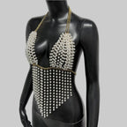 Pearl Chain V-Neck Halter Crop Top