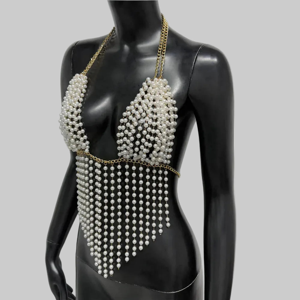 Pearl Chain V-Neck Halter Crop Top