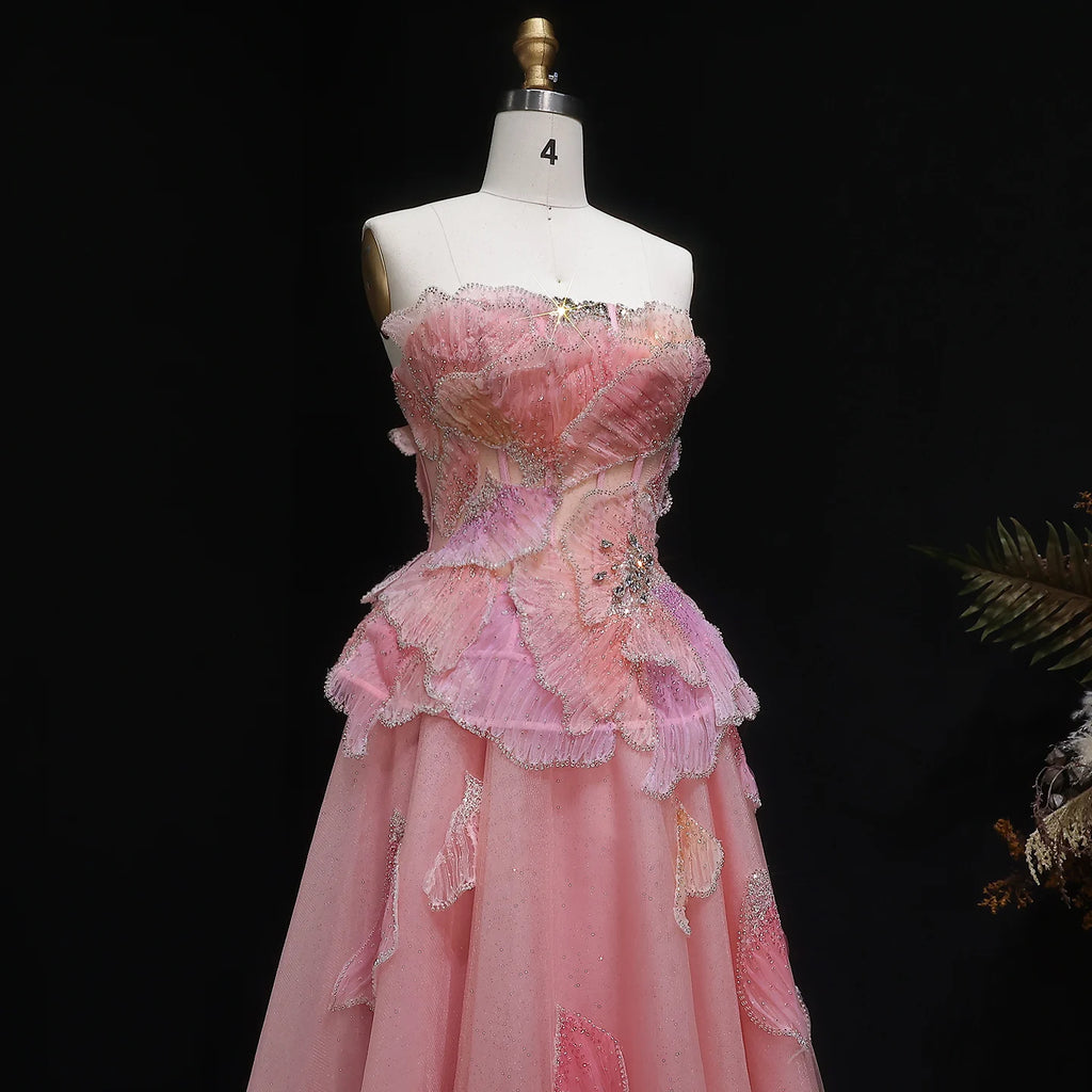 3D Floral Crystal Gown | Strapless Draped Tulle | Pink