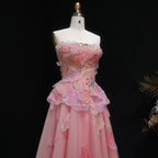 3D Floral Crystal Gown | Strapless Draped Tulle | Pink