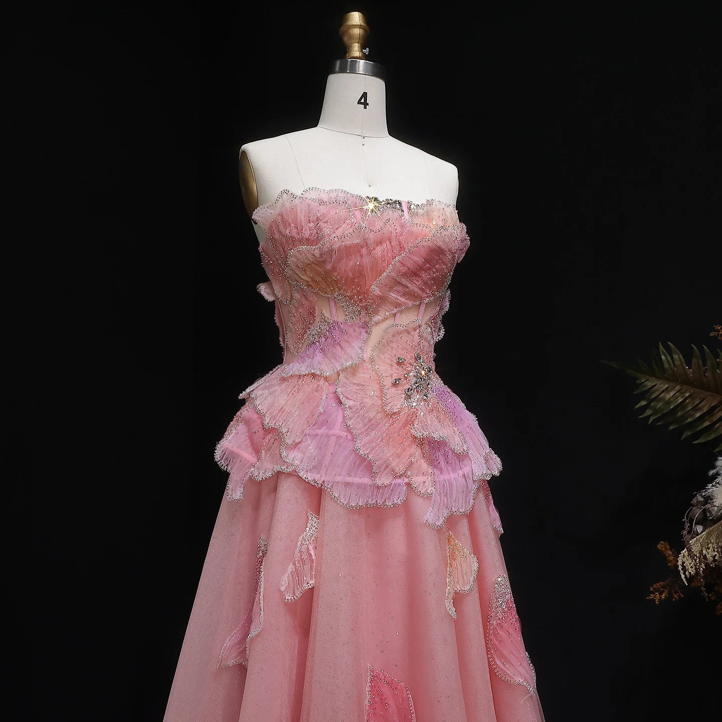 3D Floral Crystal Gown | Strapless Draped Tulle | Pink
