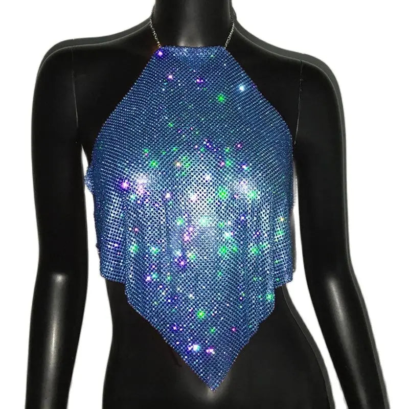 Diamond Grid Rhinestone Bralette - Backless Metal Chain Crop Top