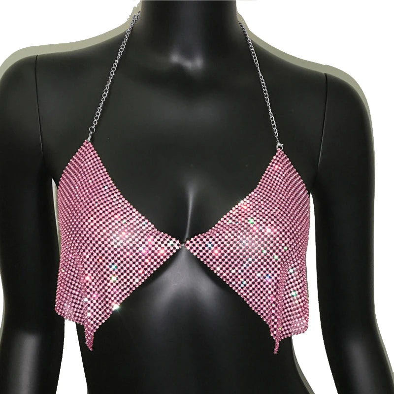 Rhinestone Metal Sequin V-Neck Halter Crop Top