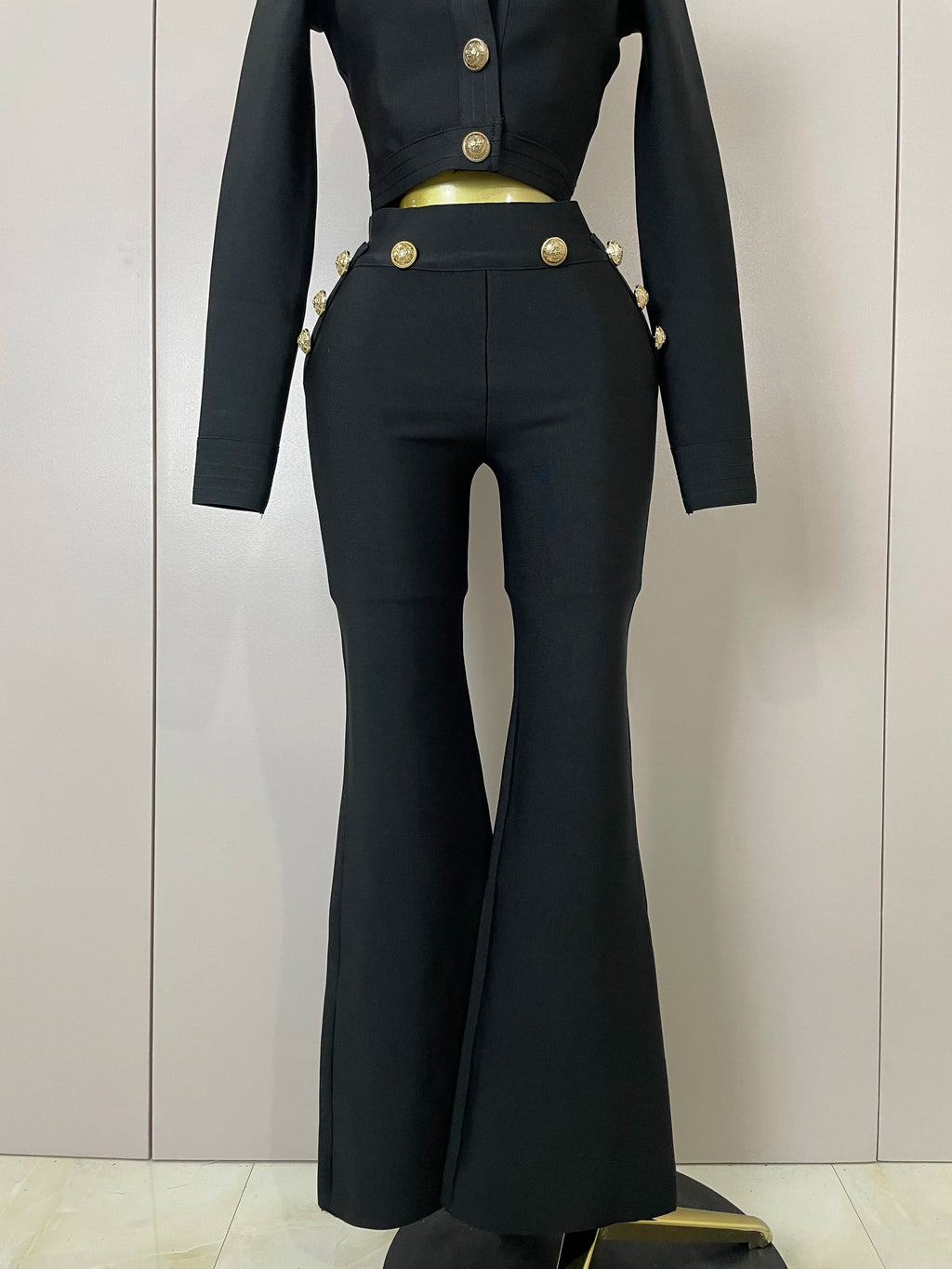 Golden Button Coat & Flare Pants | 2-Piece Stage Set