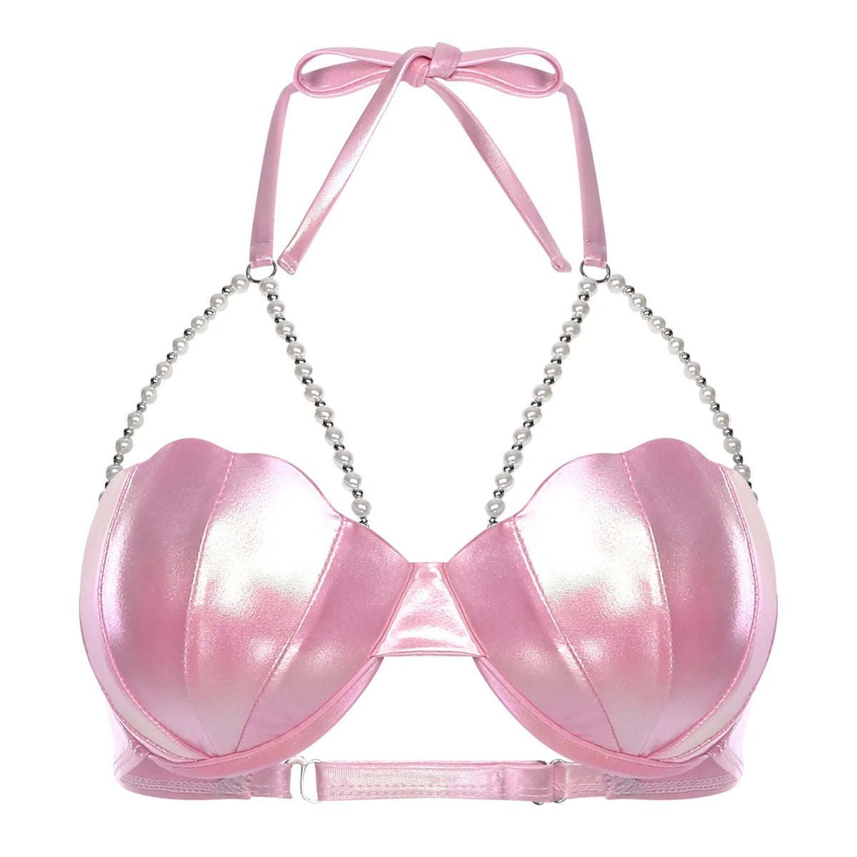 Mermaid Shell Bikini Bra Top | Iridescent Halter with Pearl Chains