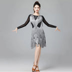 Latin Dance Dress | Long Sleeve Fringe | Rhinestone | with Panties