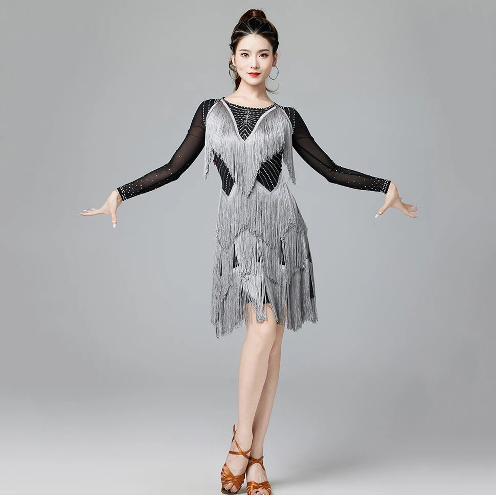 Latin Dance Dress | Long Sleeve Fringe | Rhinestone | with Panties