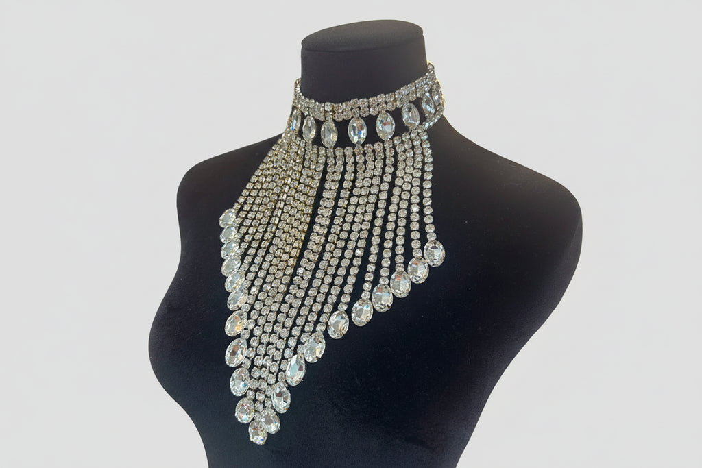 Rhinestone Tassel Necklace - AB Crystal Water Drop Statement Choker