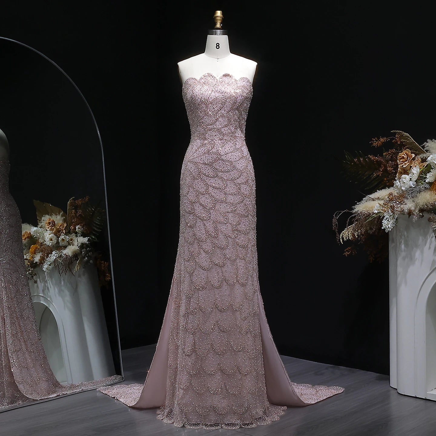 Beaded Sequin Strapless Mermaid Pageant Gown | Court Train | 6 Colors