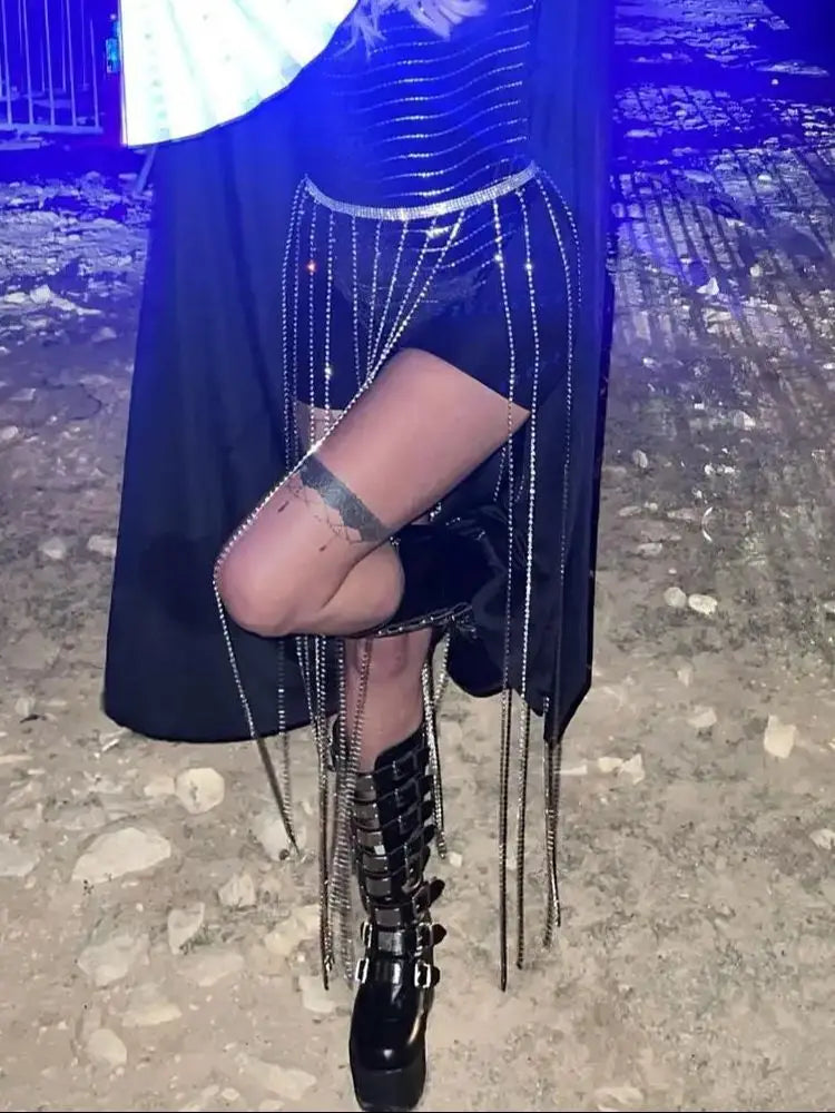 Rhinestone Tassel Skirt with Metal Sequin Waist Belt - Body Chain Skirt