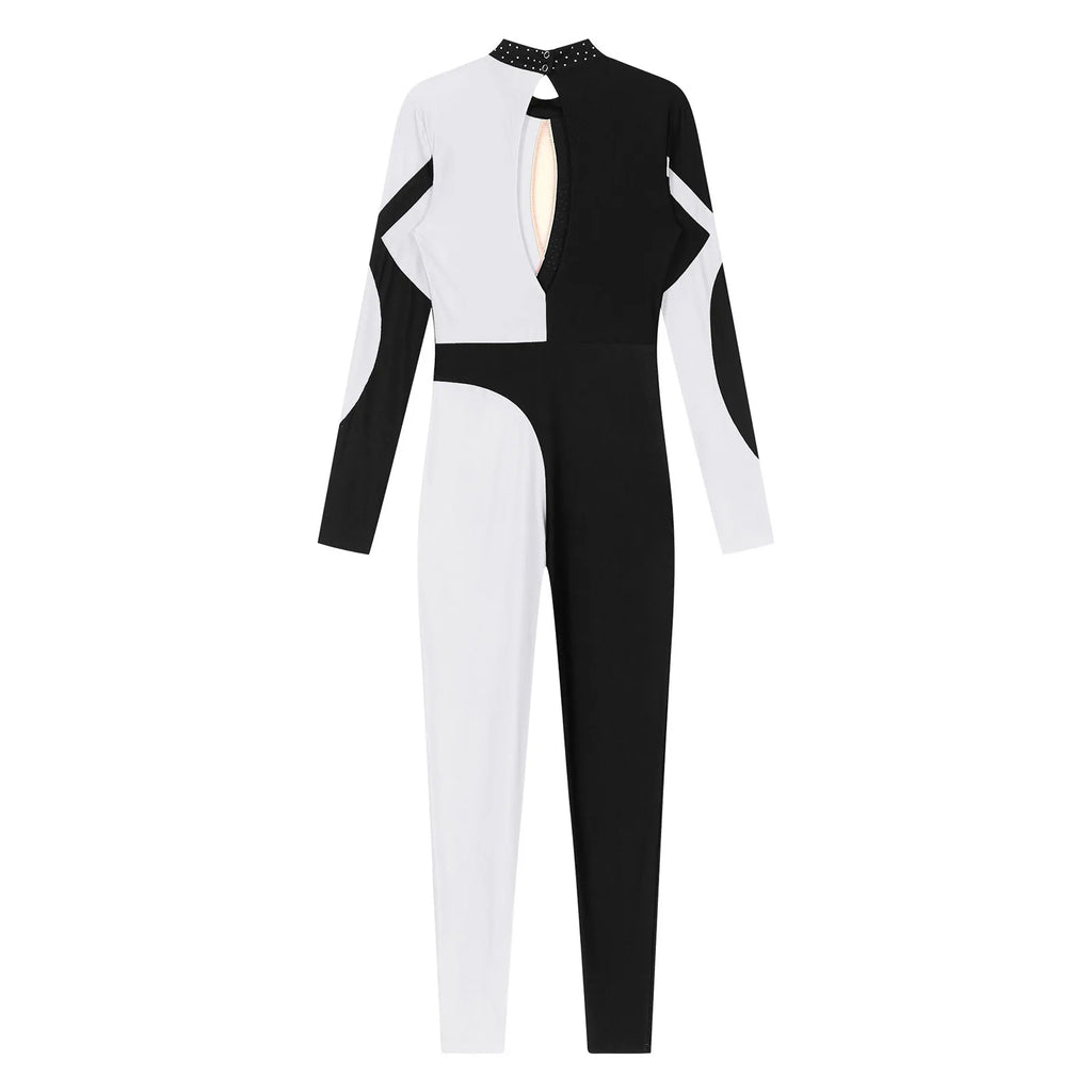 Rhinestone Color-Block Dance Jumpsuit | Long Sleeve | Keyhole Back | Mock Neck