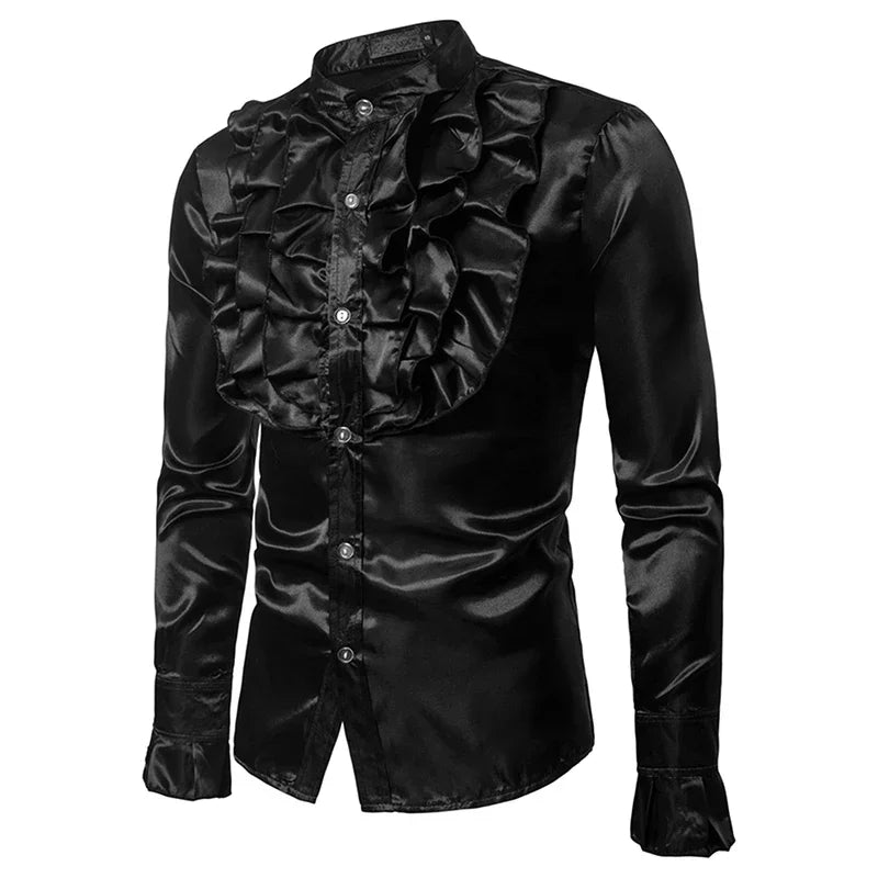 Men's Satin Ruffle Shirt | Frill Front | Stand Collar