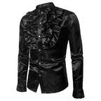 Men's Satin Ruffle Shirt | Frill Front | Stand Collar