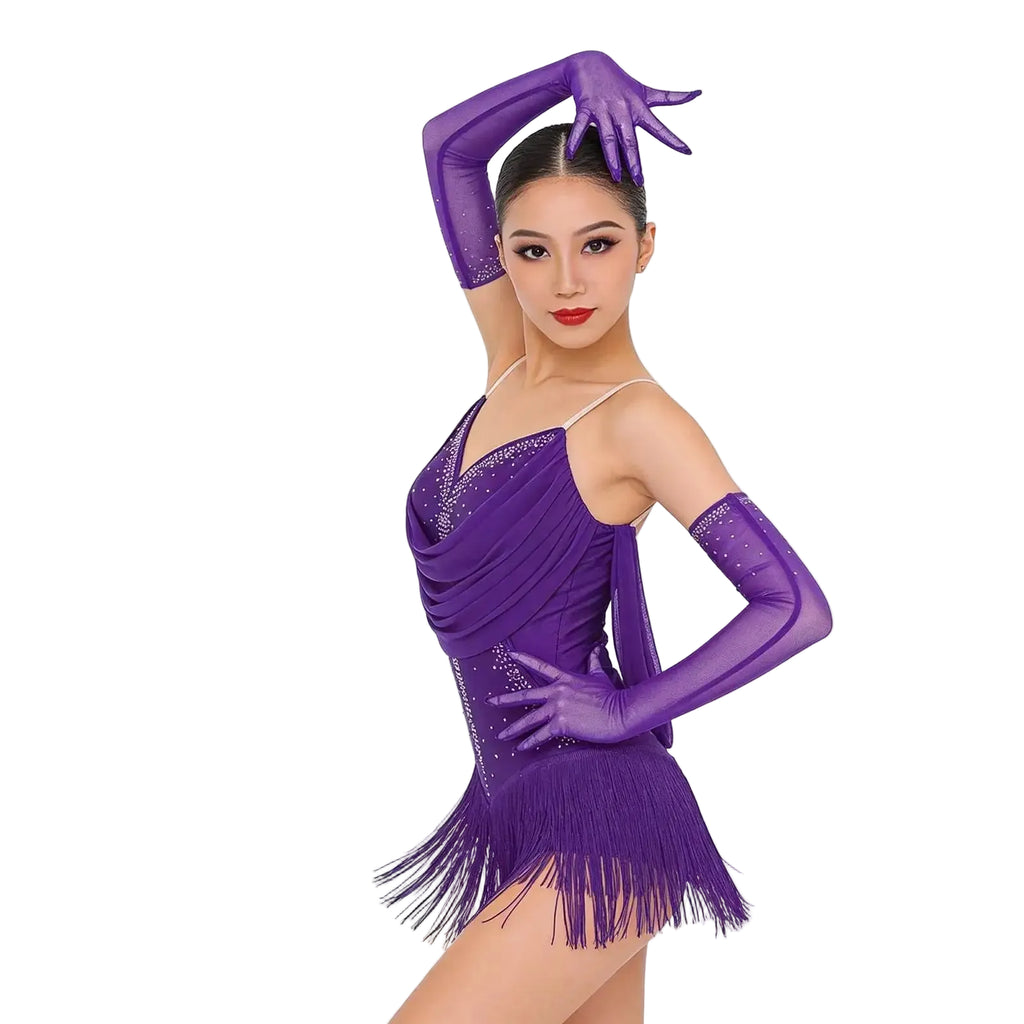 Women's Latin Dance Bodysuit | Fringe & Rhinestone | With Gloves