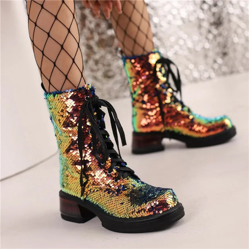 Sequin Ankle Boots | Lace-Up | 5.5cm Heel
