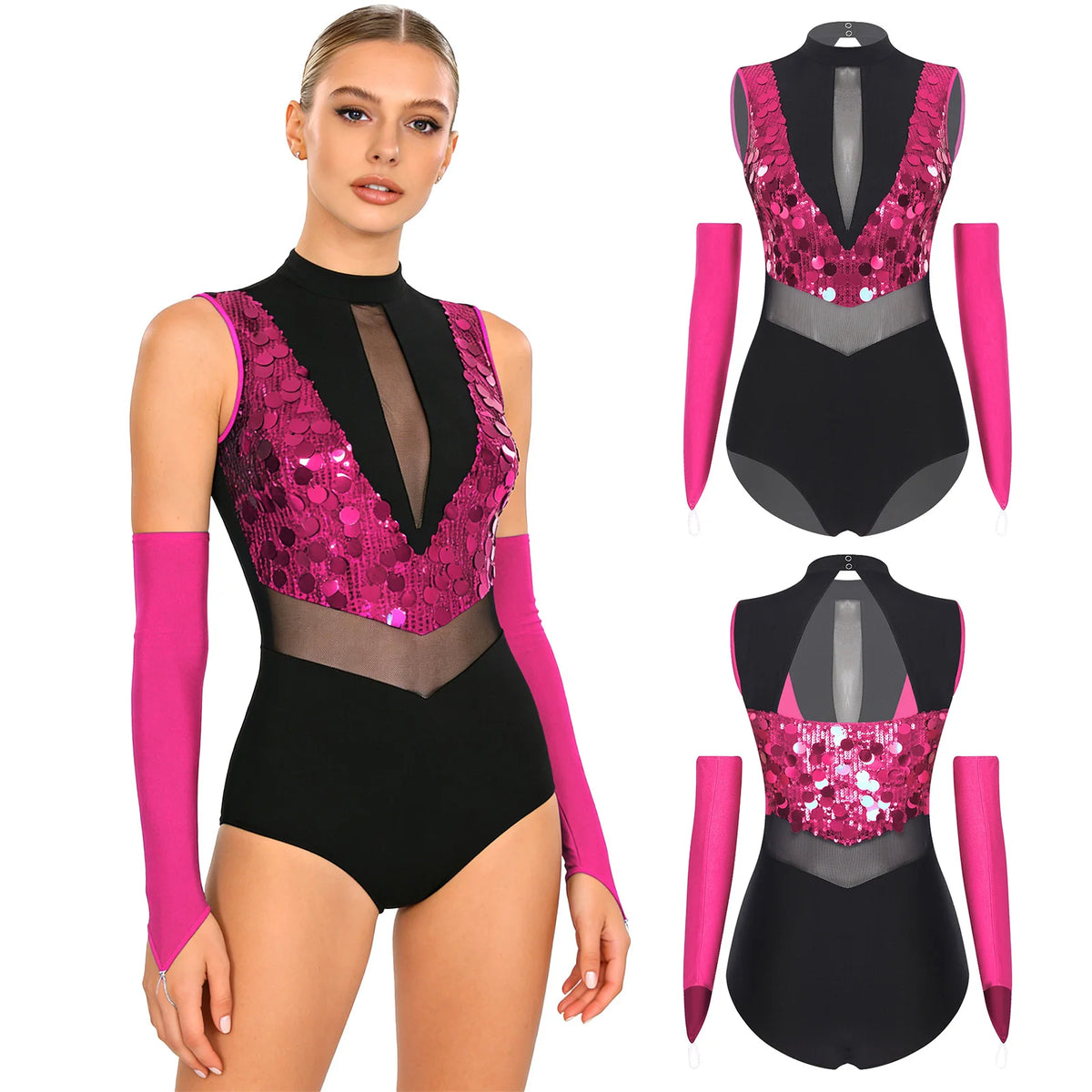 Women's Sequin Dance Leotard | Mock Neck & Sheer Mesh Waist | Includes Arm Sleeves