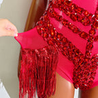 Red Crystal Fringe Bodysuit - Sheer Glitter Performance Wear for Drag Queens & Dancers