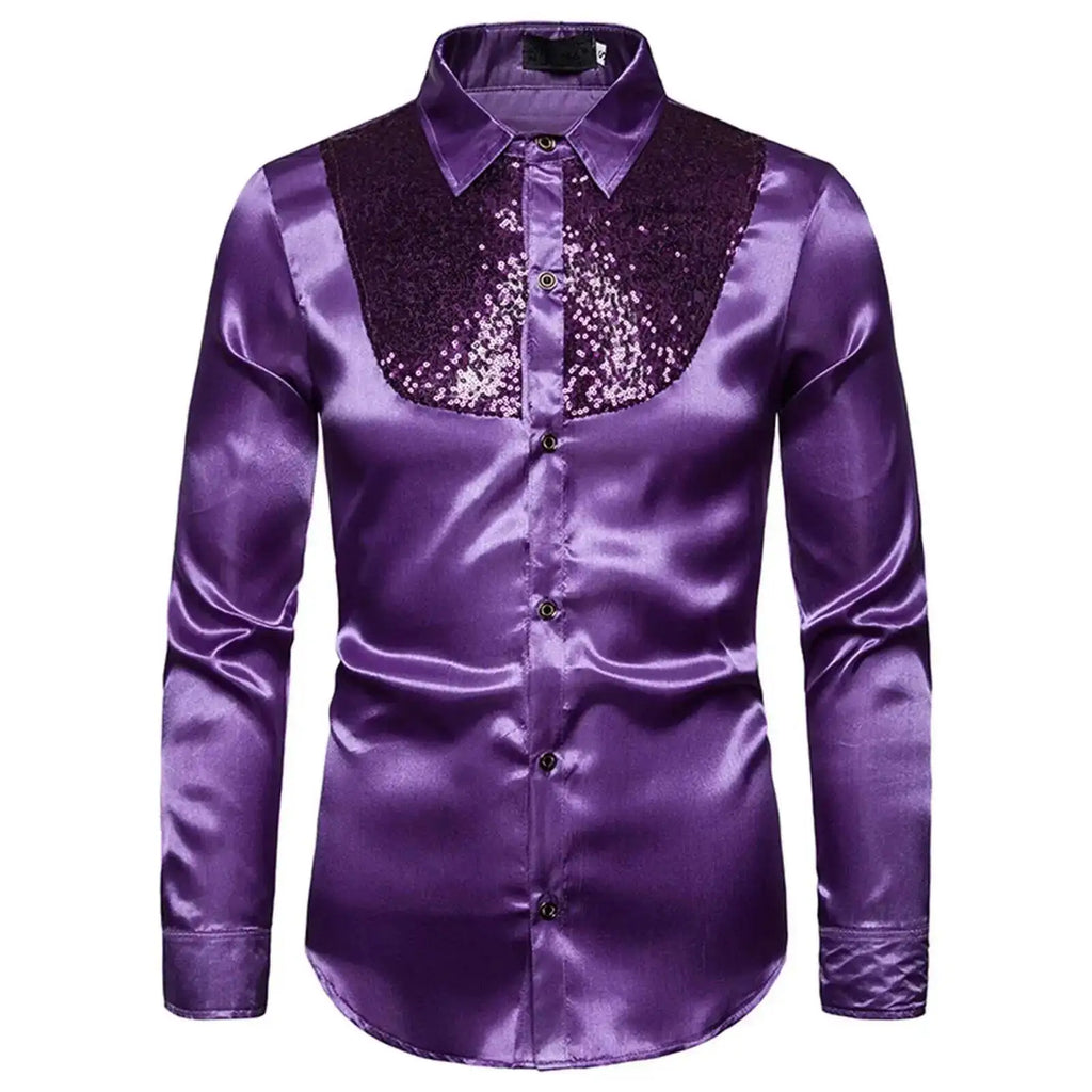 Men's Satin Sequin Shirt | Sequin Collar Panel | Stage