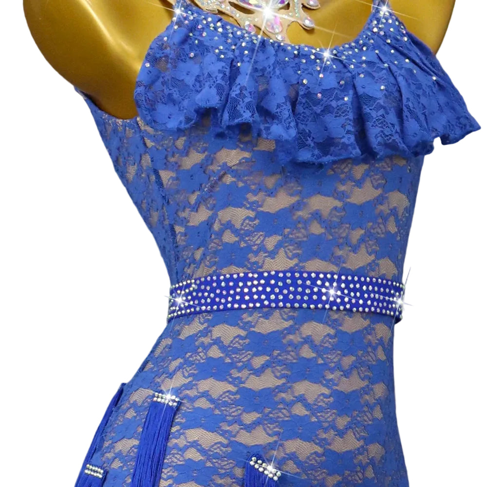 Blue Lace Tassel Latin Dance Dress with Accessories Set
