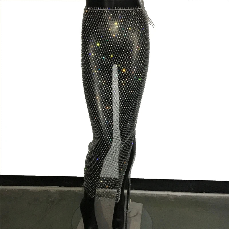 Rhinestone Fishnet Mesh Maxi Skirt - Sheer Split Beach Party Skirt