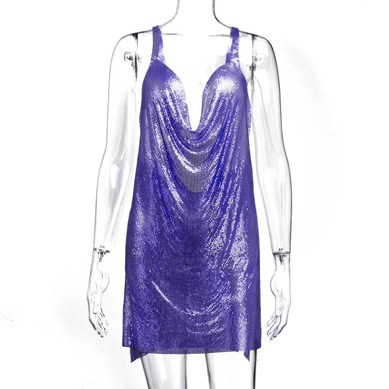 Sparkly Metal Sequin Halter Mini Dress - Backless Side Split Party Dress