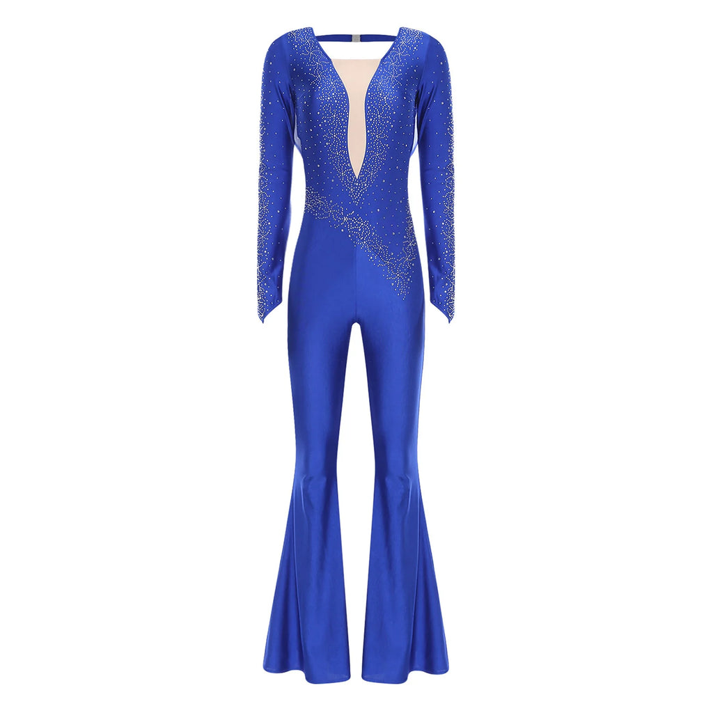 Rhinestone Bell Bottom Jumpsuit | Mesh Overlay | Long Sleeve