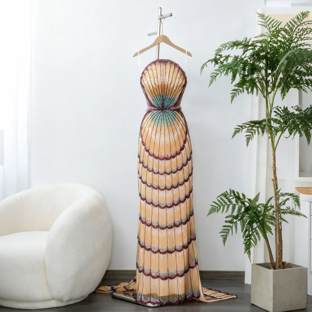Beaded Strapless Gown | Layered Skirt & Jacket Option | Gold & Purple