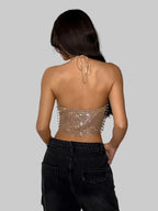 Dazzling Rhinestone Fishing Net Crop Top - Sparkly Chainmail Halter Top