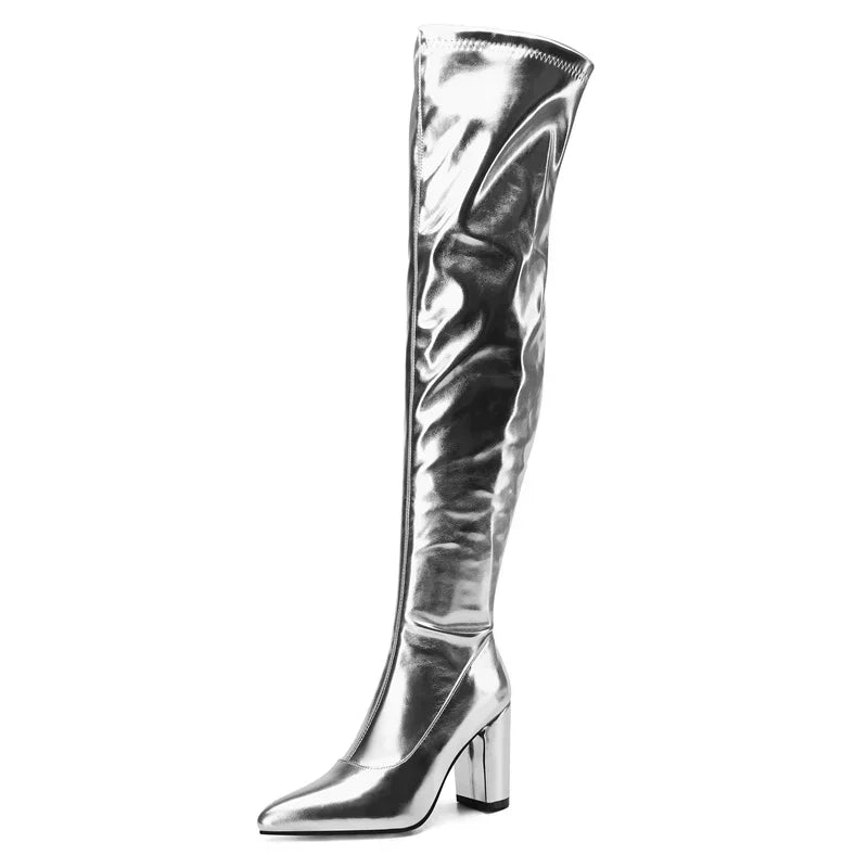 Metallic Over-the-Knee Boots | Chunky Heel | Gold & Silver