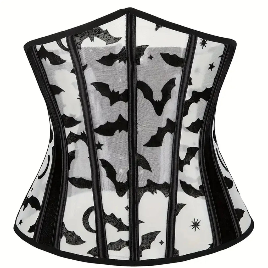 Gothic Bat Print Mesh Corset | Boned Waist Cincher | Black